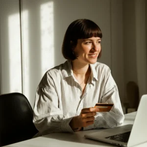 A woman sitting at her desk with a laptop in front of her, holding a credit card and smiling while looking out of the window.