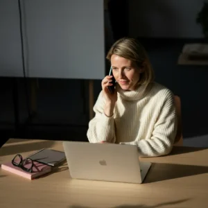A woman at her desk with a laptop and notebook, glasses on top of them, talking on the phone and looking serious.