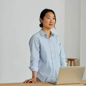 A woman standing by her desk, smiling while looking forward, with a laptop, iPad, and coffee on the desk, illuminated by natural light.