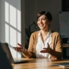A smiling woman at her desk, engaged in conversation with expressive hand movements.