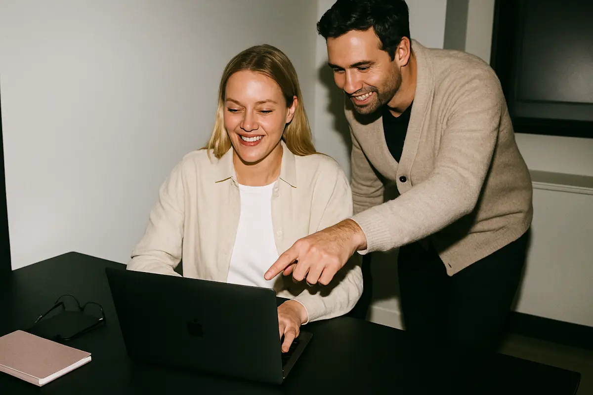 A woman working on her laptop and smiling while a man stands beside her, pointing at her screen in a modern office.
