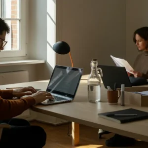 A man with glasses working on his laptop, while across the table a woman is reading through a paper document.