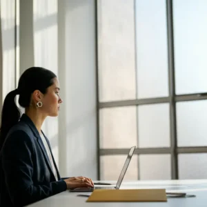 A young woman seen from the side, concentrating on her laptop work.