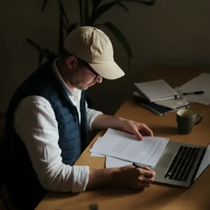A man working at a desk, reviewing a paper with a laptop in front of him.