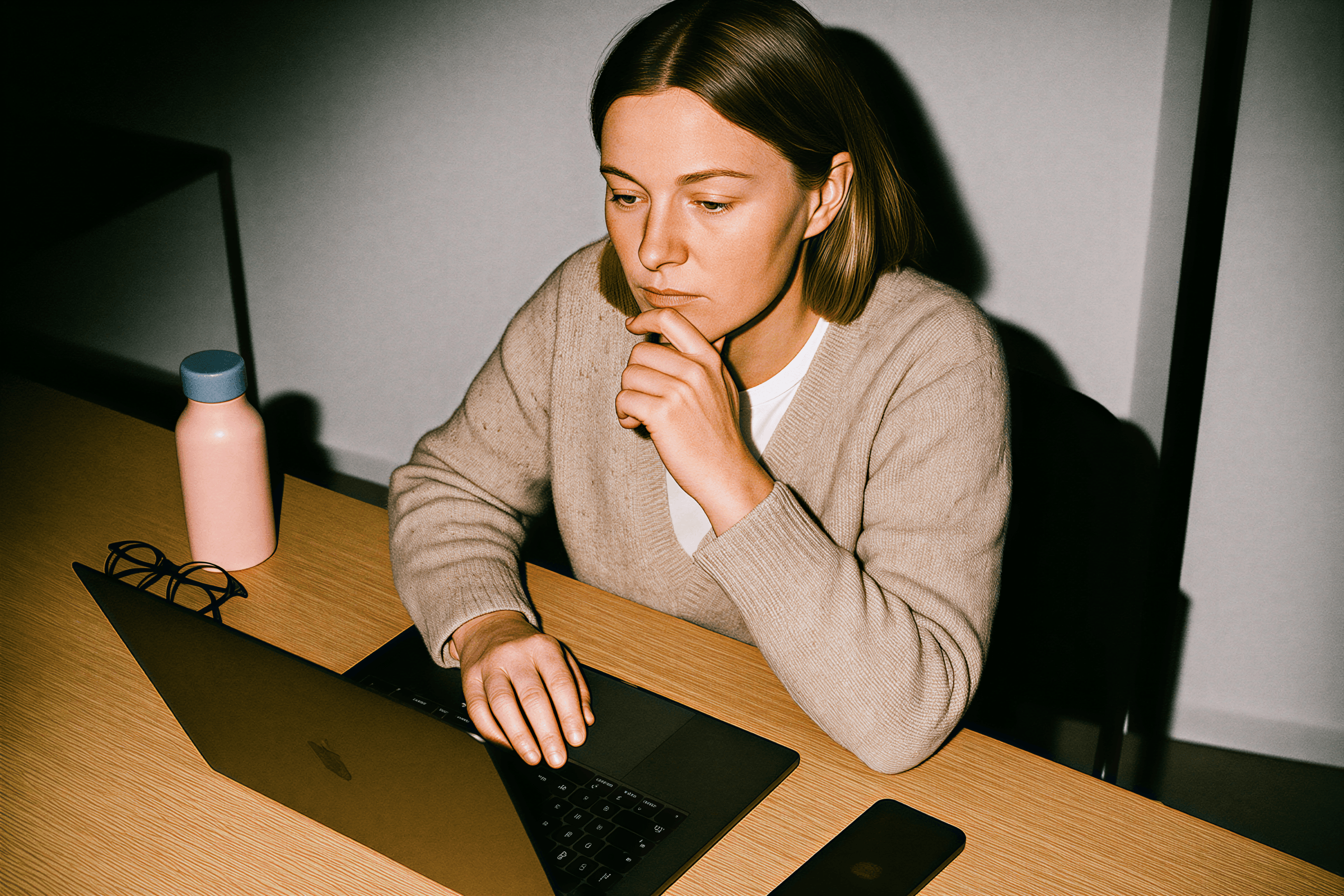 Woman working on her laptop, looking very focused.