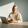 Woman smiling at the camera while holding a coffee, seated in front of a laptop.