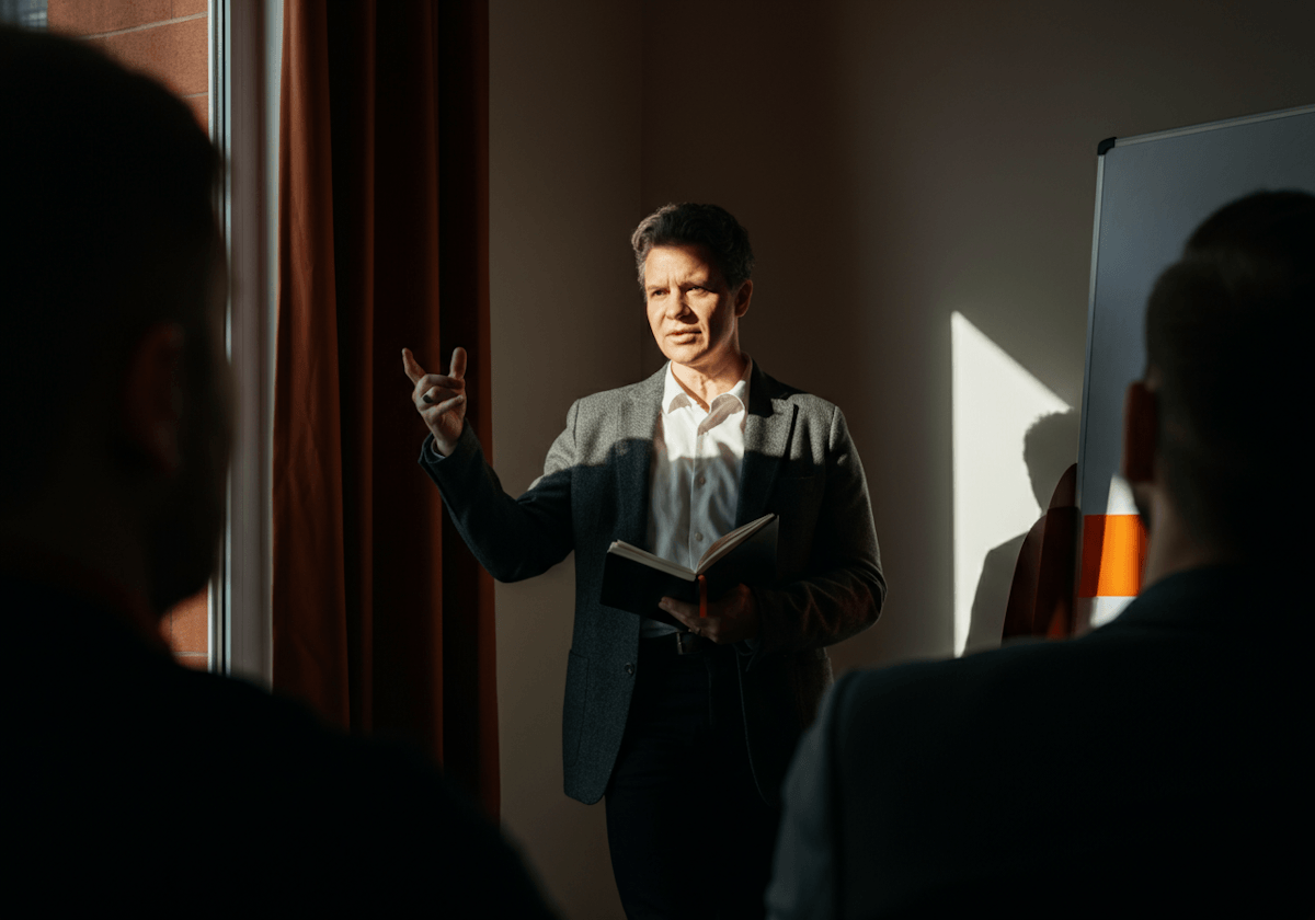 Man in a gray blazer giving a presentation, holding a book, with dramatic lighting and audience silhouettes.